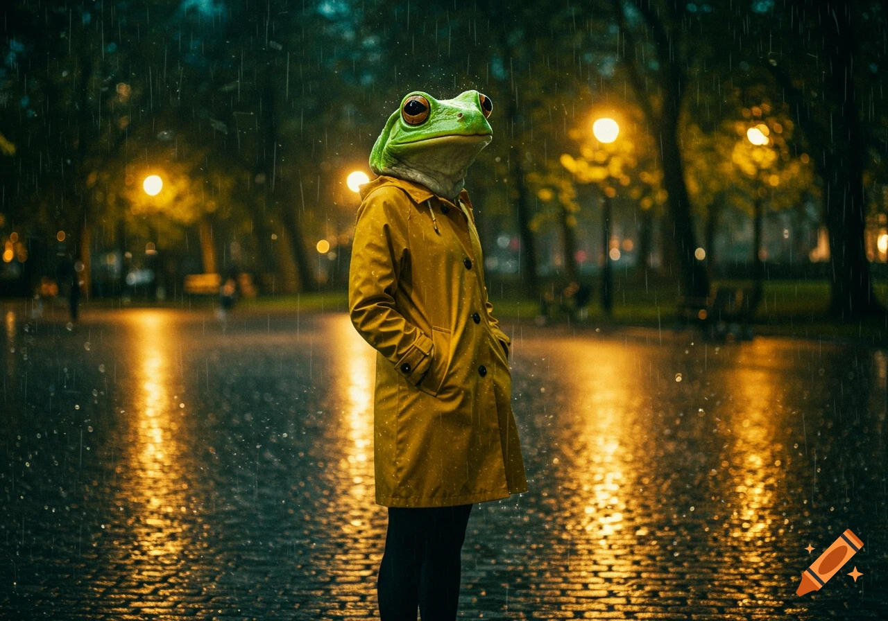 A person in a yellow raincoat with a frog head stands on a wet, rainy street at night, illuminated by streetlights.