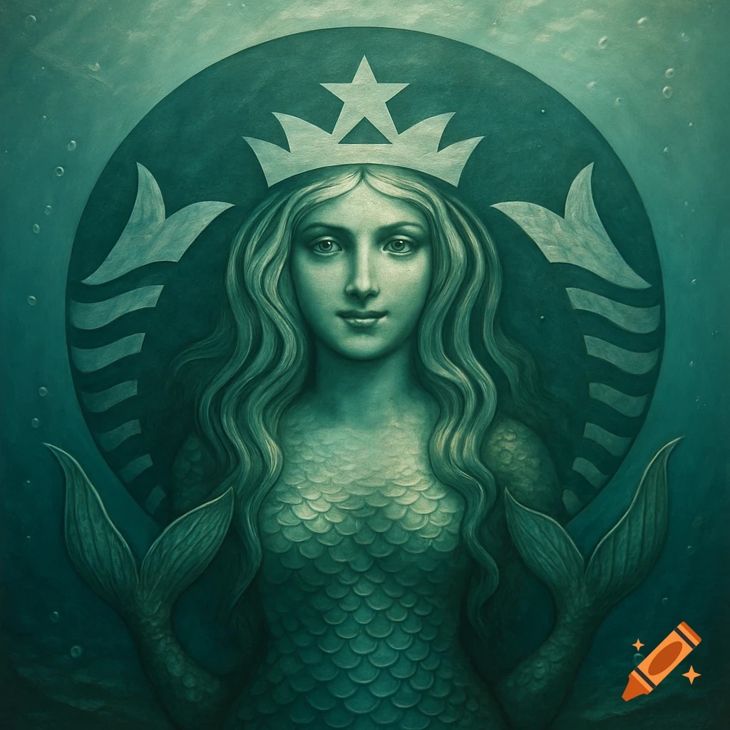 A realistic stylized portrait of the Starbucks siren mermaid with a crown, green skin, and scales, against a dark teal background.