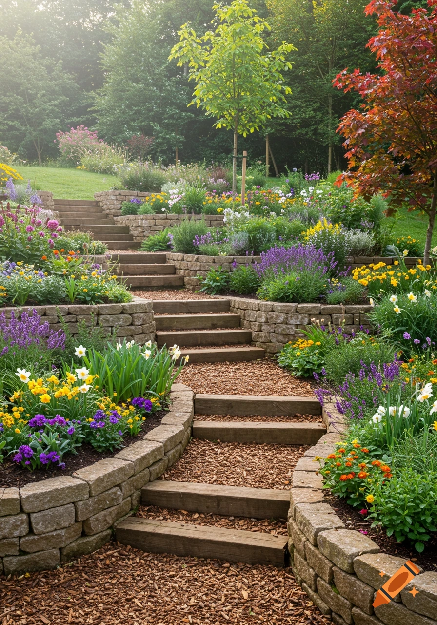 Photorealistic terraced garden with stone walls, wooden steps, and vibrant flowers and plants under soft morning light.