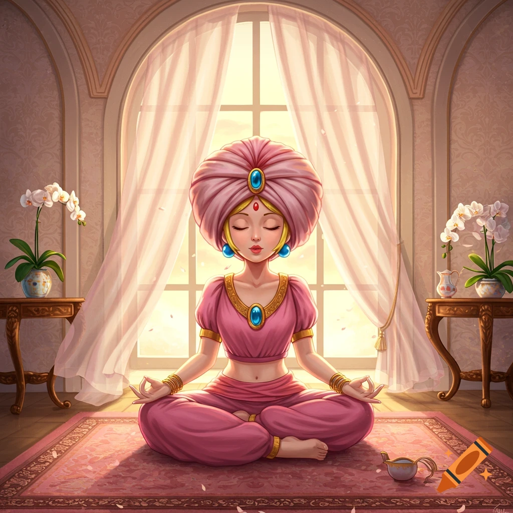 Cartoon Princess Peach meditates in lotus pose, wearing a pink turban and outfit, in a sunny room with a large window.