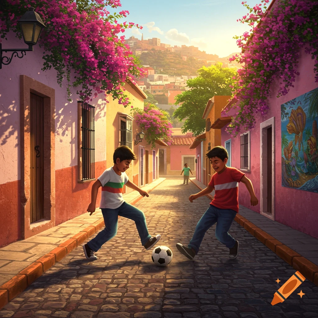 Two boys play soccer on a cobblestone street lined with colorful houses and pink bougainvillea in a sunny town.