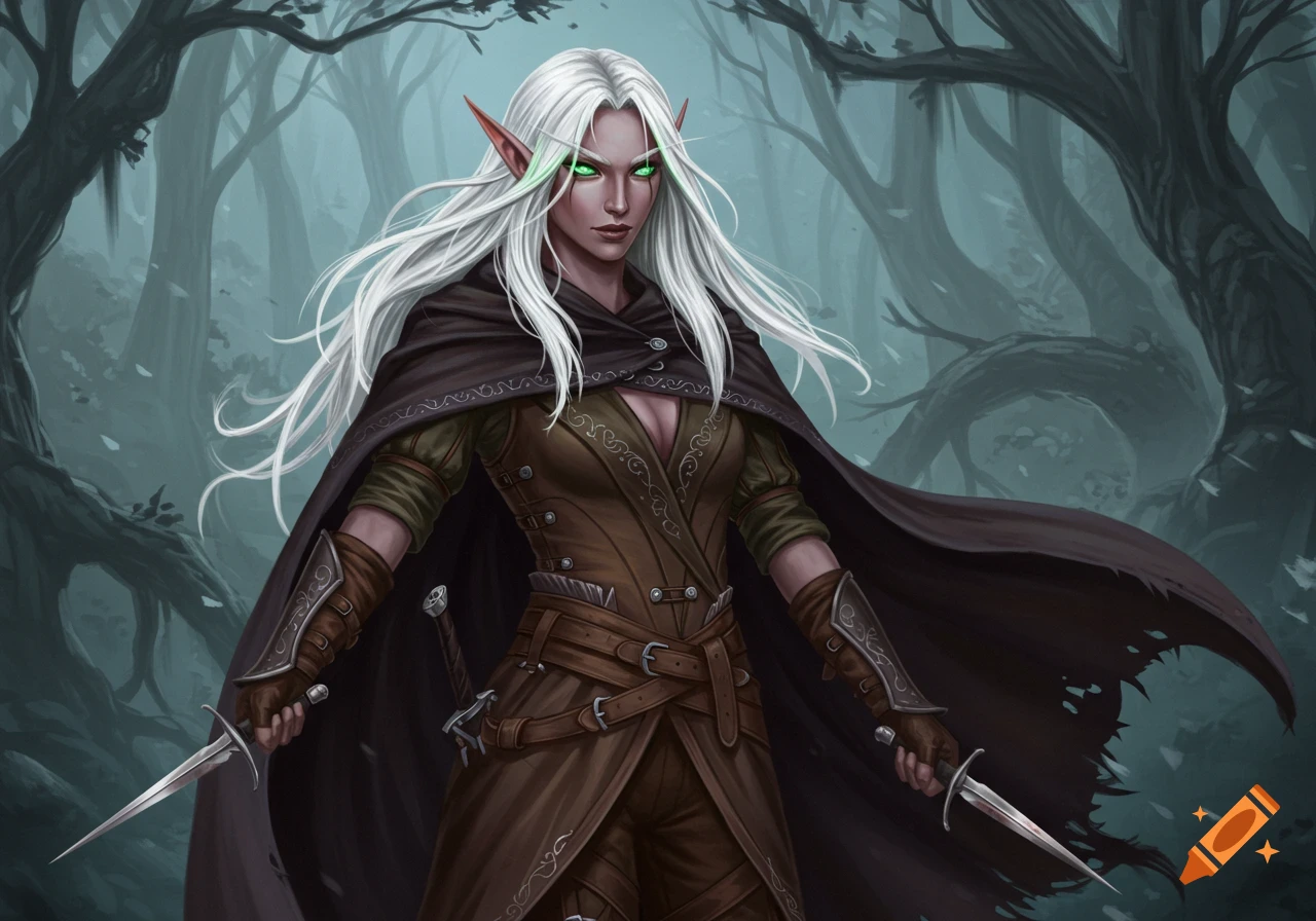 A white-haired female elf with glowing green eyes, wearing a brown and green outfit and dark cloak, holds two daggers in a misty forest.