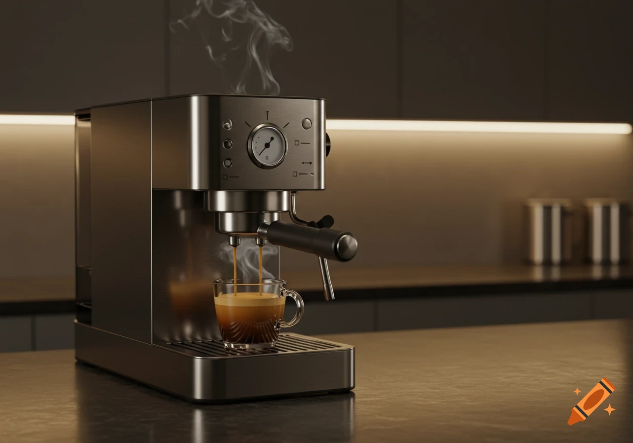 A silver espresso machine brews coffee into a clear glass cup, with steam rising, in a dimly lit modern kitchen.