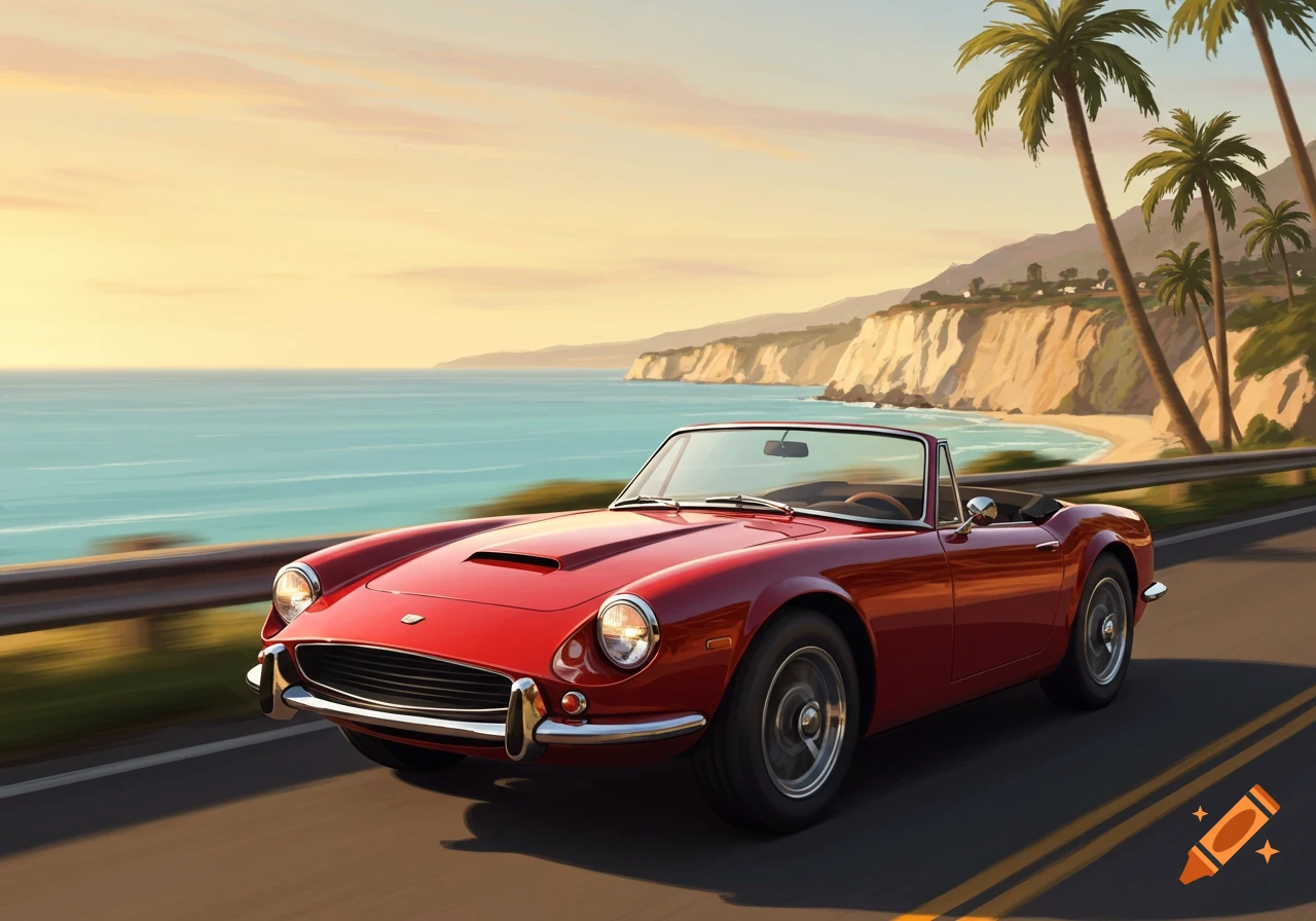 A red vintage convertible sports car drives on a coastal road with a sunny ocean, cliffs, and palm trees in the background.