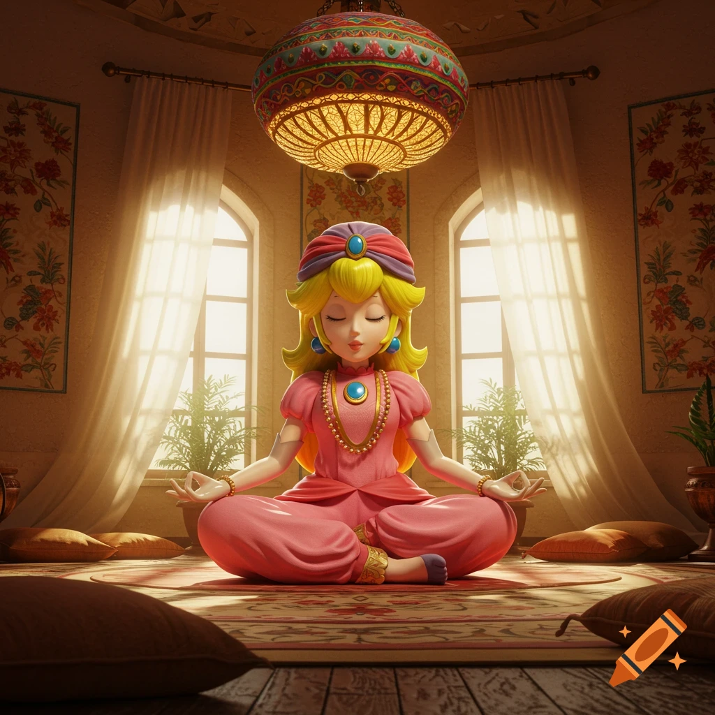 Princess Peach, dressed in a pink turban and matching attire, meditates in a lotus pose in a lavish, sunlit room.