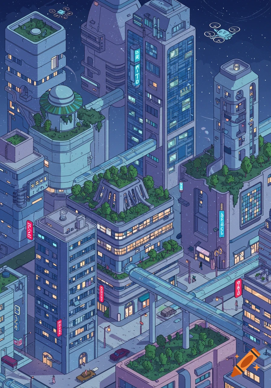 Isometric night view of a futuristic city with tall buildings, green rooftops, elevated trains, and flying drones, in a blue and purple color palette.