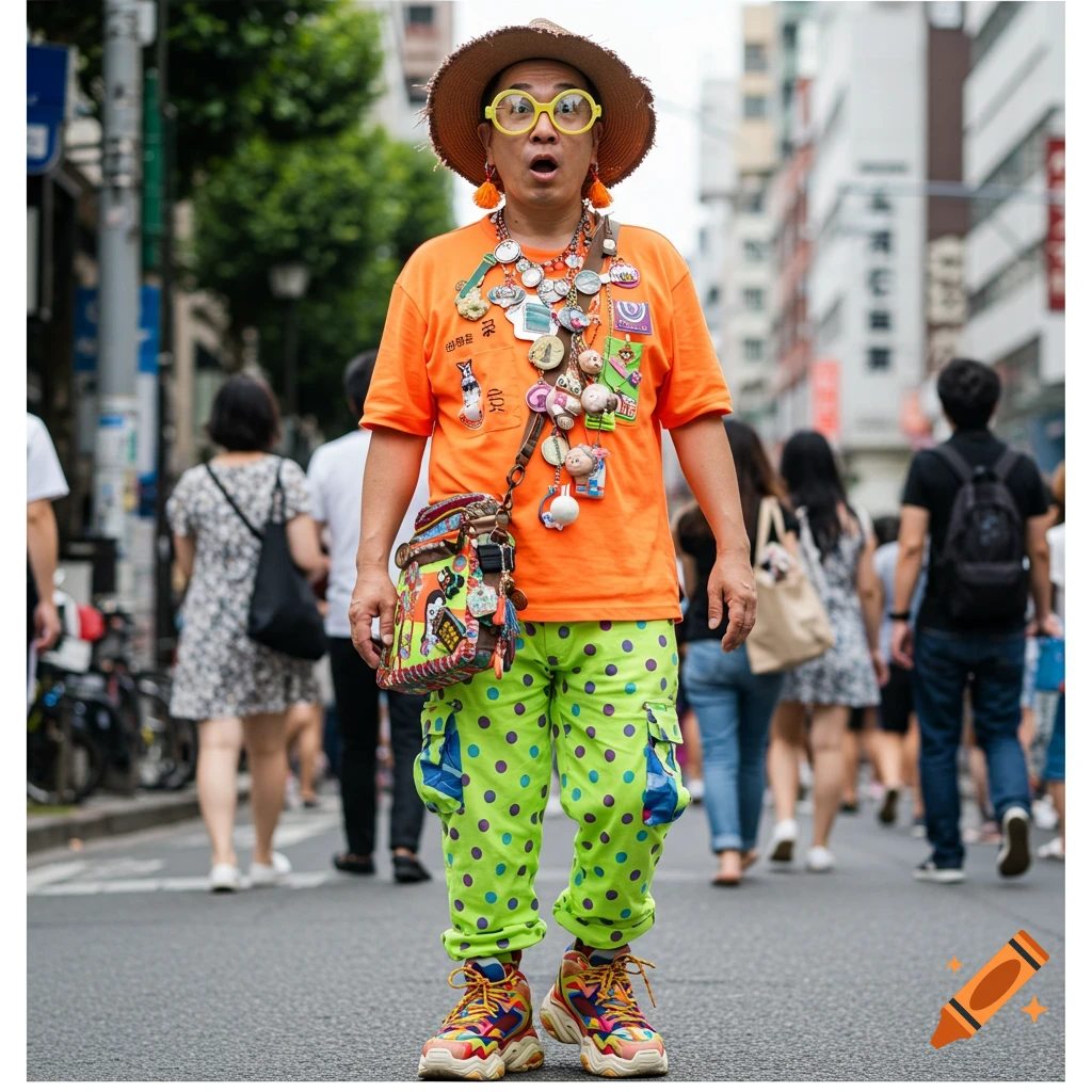 A person in an orange t-shirt, green polka-dot pants, straw hat, and yellow glasses stands on a city street.