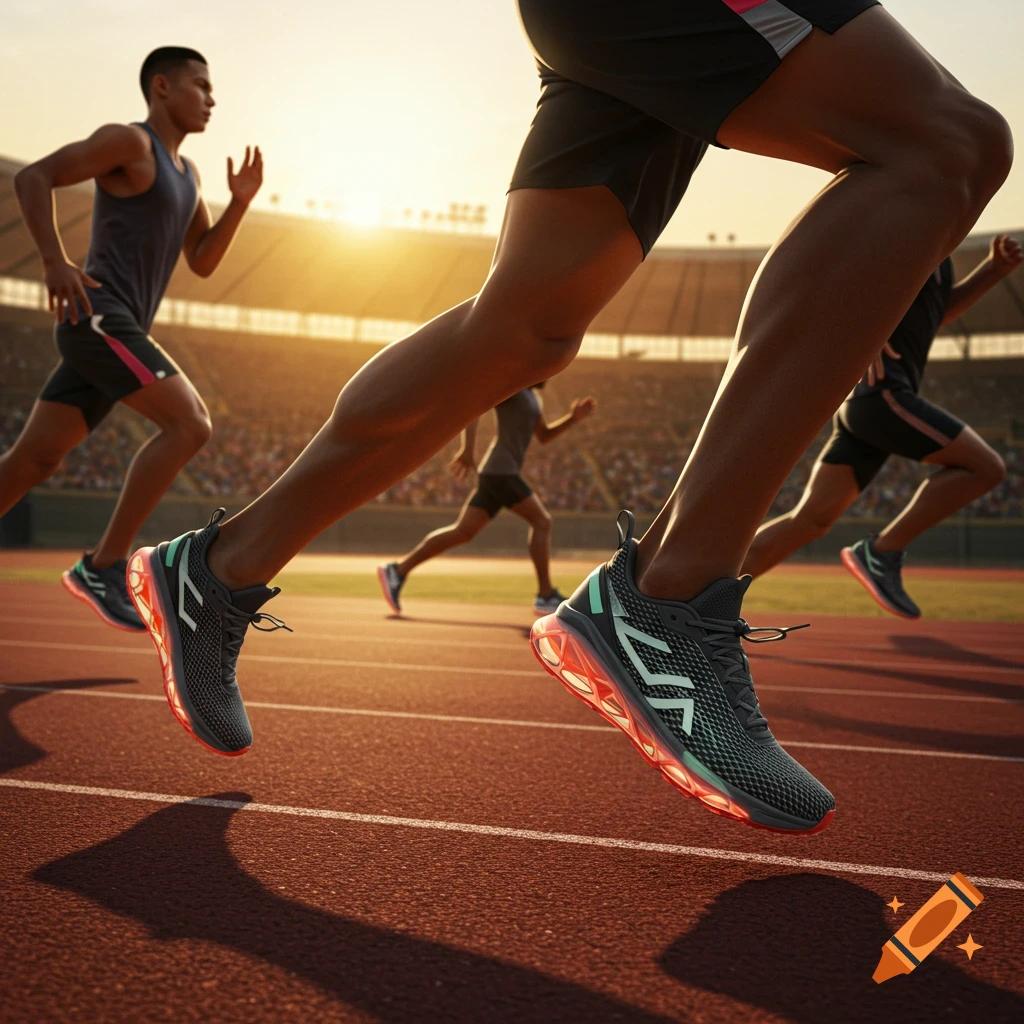 Photorealistic image of athletes running on a track at sunset, featuring modern black and red running shoes with glowing soles.