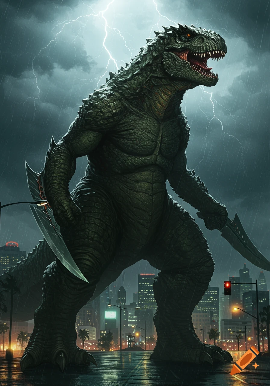 A giant green dinosaur-like kaiju with jagged arm blades stands in a rainy city street under a lightning storm.