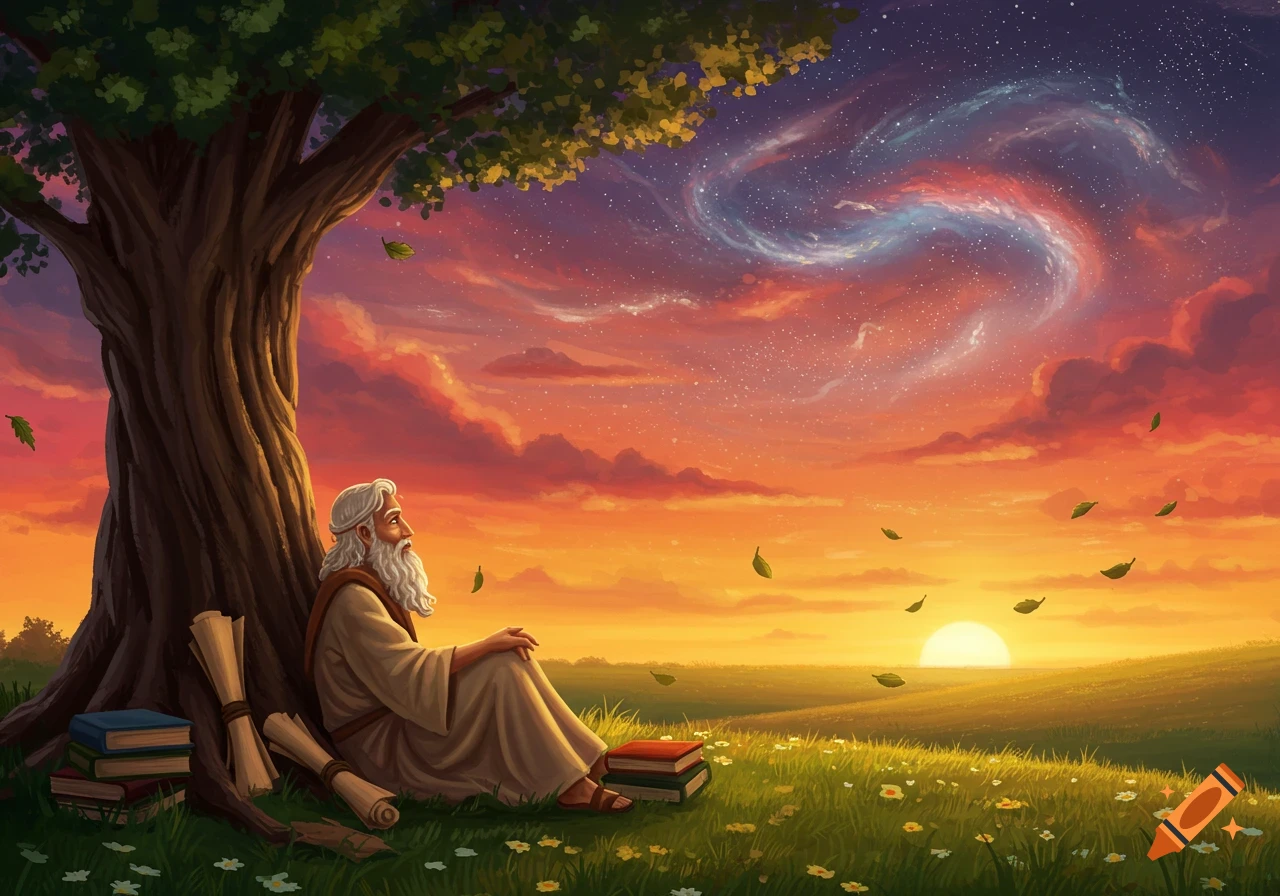 An old man with a long white beard sits under a large tree, looking out at a vibrant sunset over a grassy field with a starry, swirling sky.