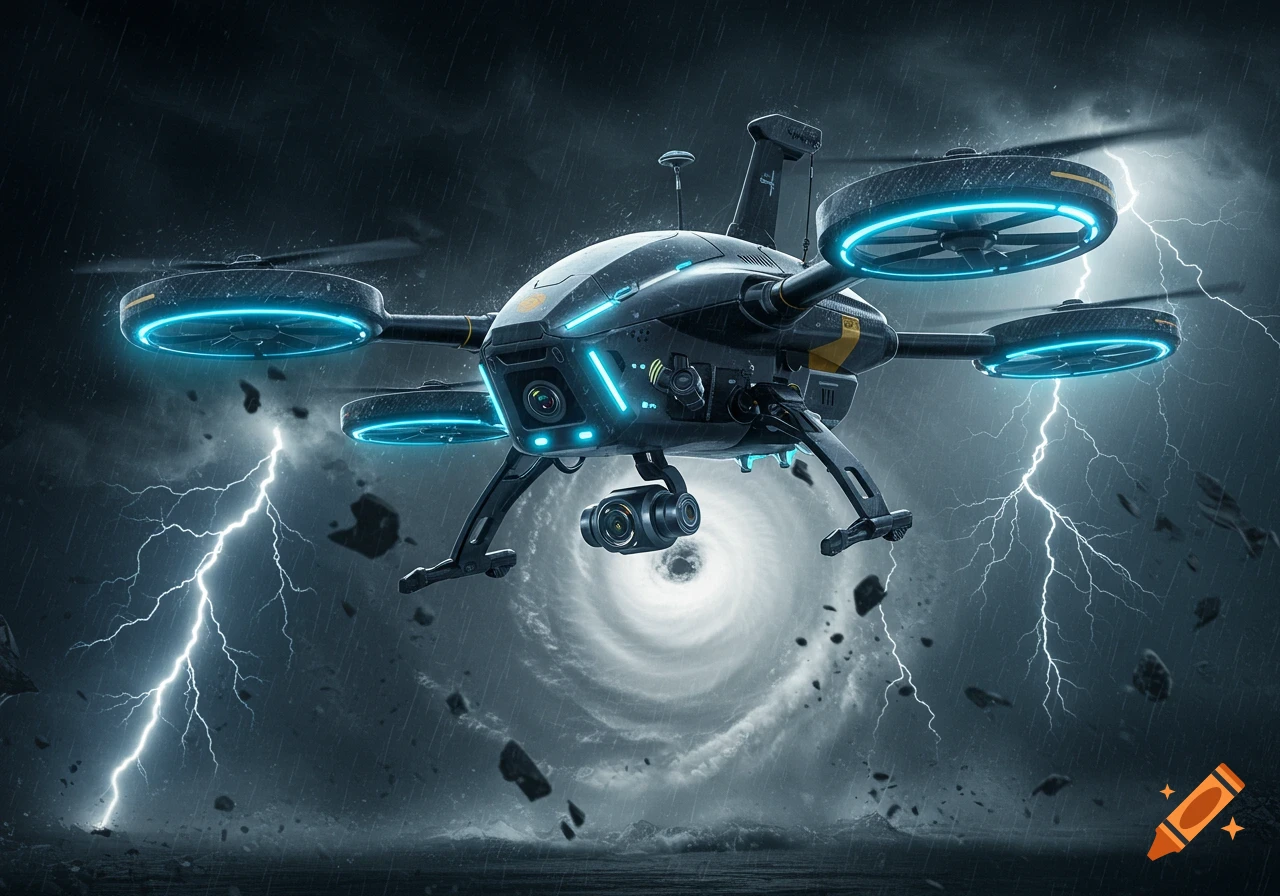 A futuristic black drone with glowing blue lights hovers steadily in a raging hurricane with lightning.