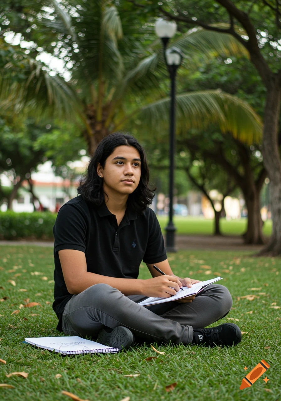Young man with long black hair sits on grass in a park, drawing in a notebook.
