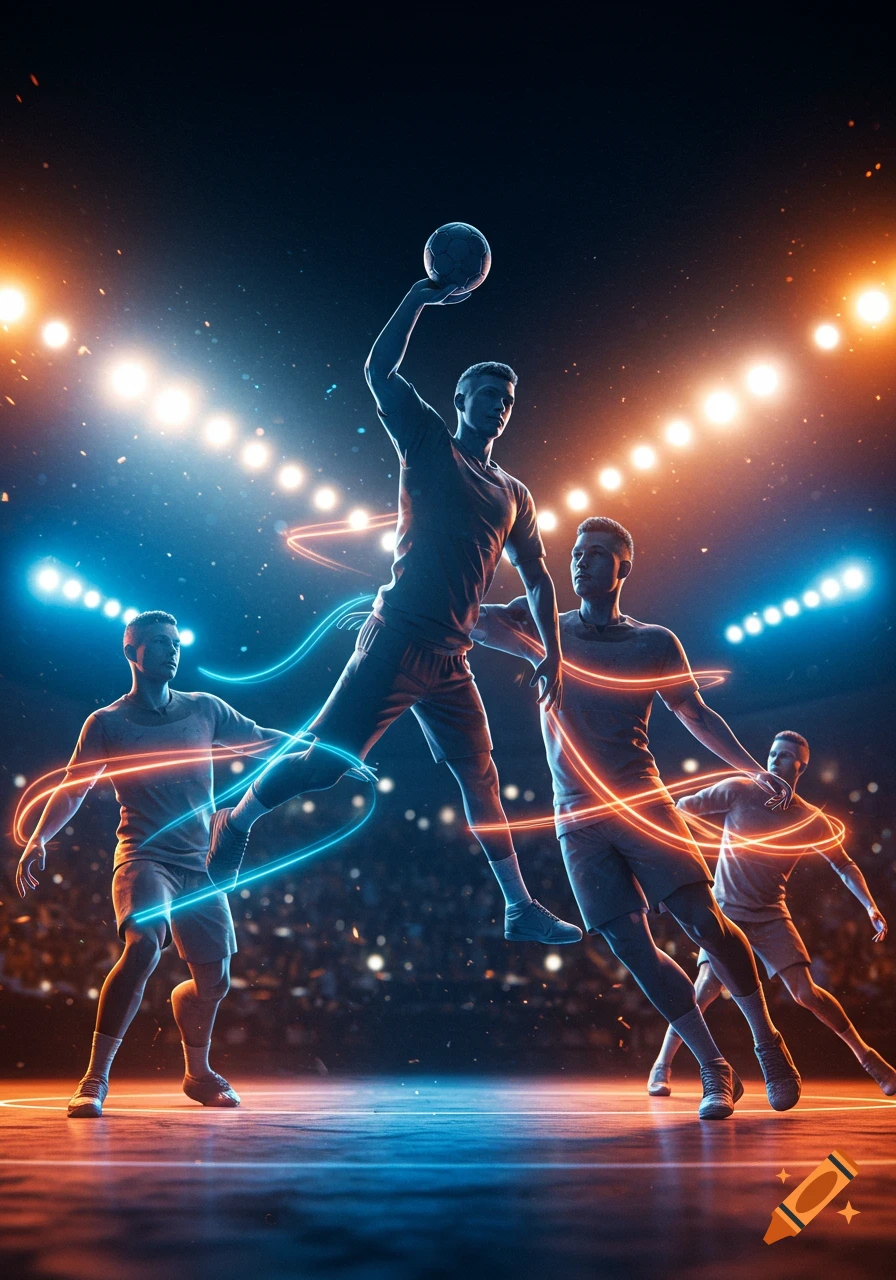 Dynamic image of handball players in a stadium, one mid-air with a ball, surrounded by glowing blue and orange light trails.