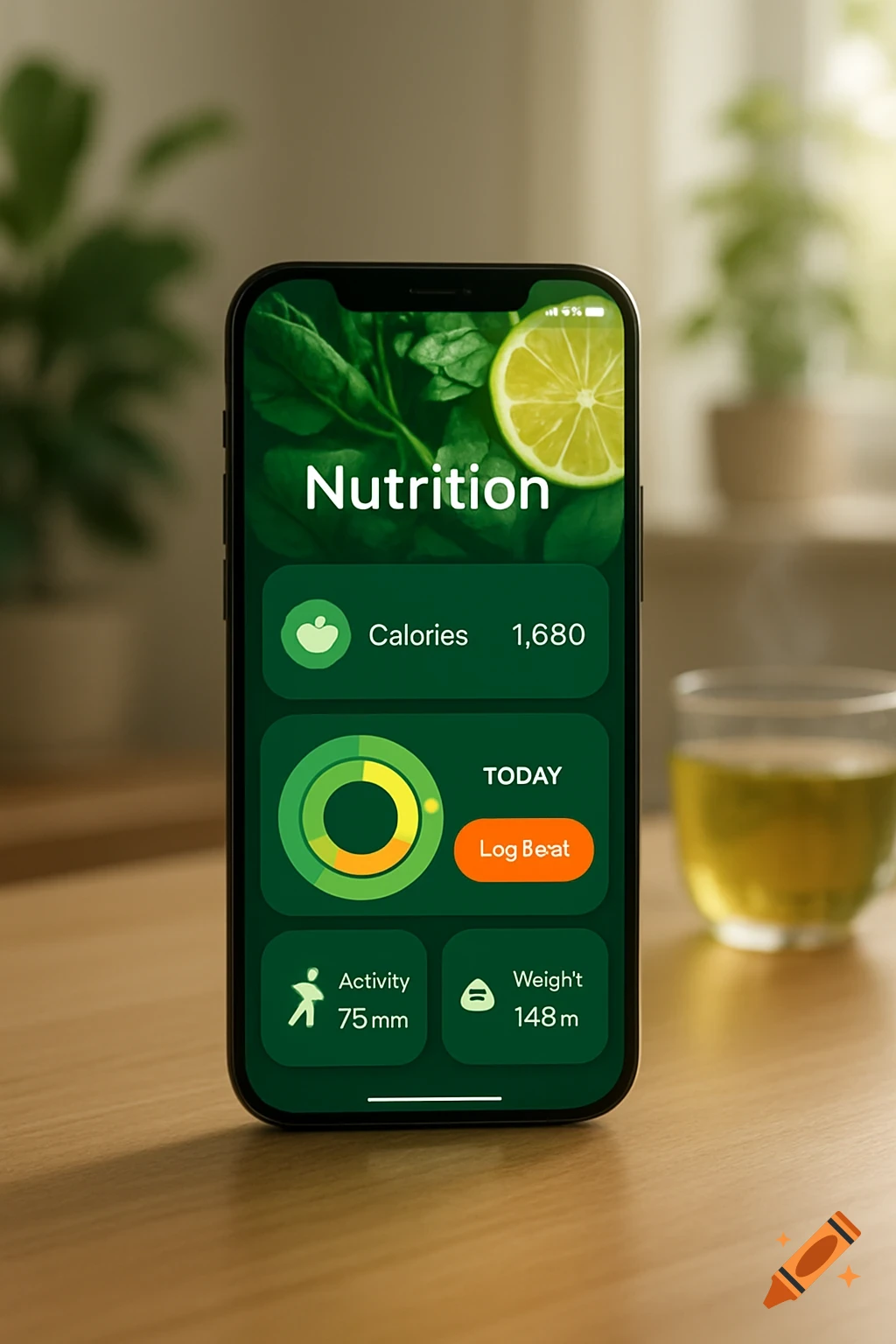 A close-up shot of a smartphone displaying a nutrition and health tracking app with a green theme. The app shows calories, activity, and weight metrics, with a lime and spinach in the background.