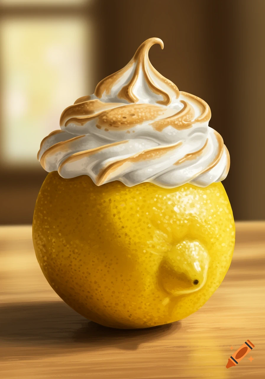 A vibrant yellow lemon topped with toasted white meringue, rendered in a digital painting style on a wooden surface.