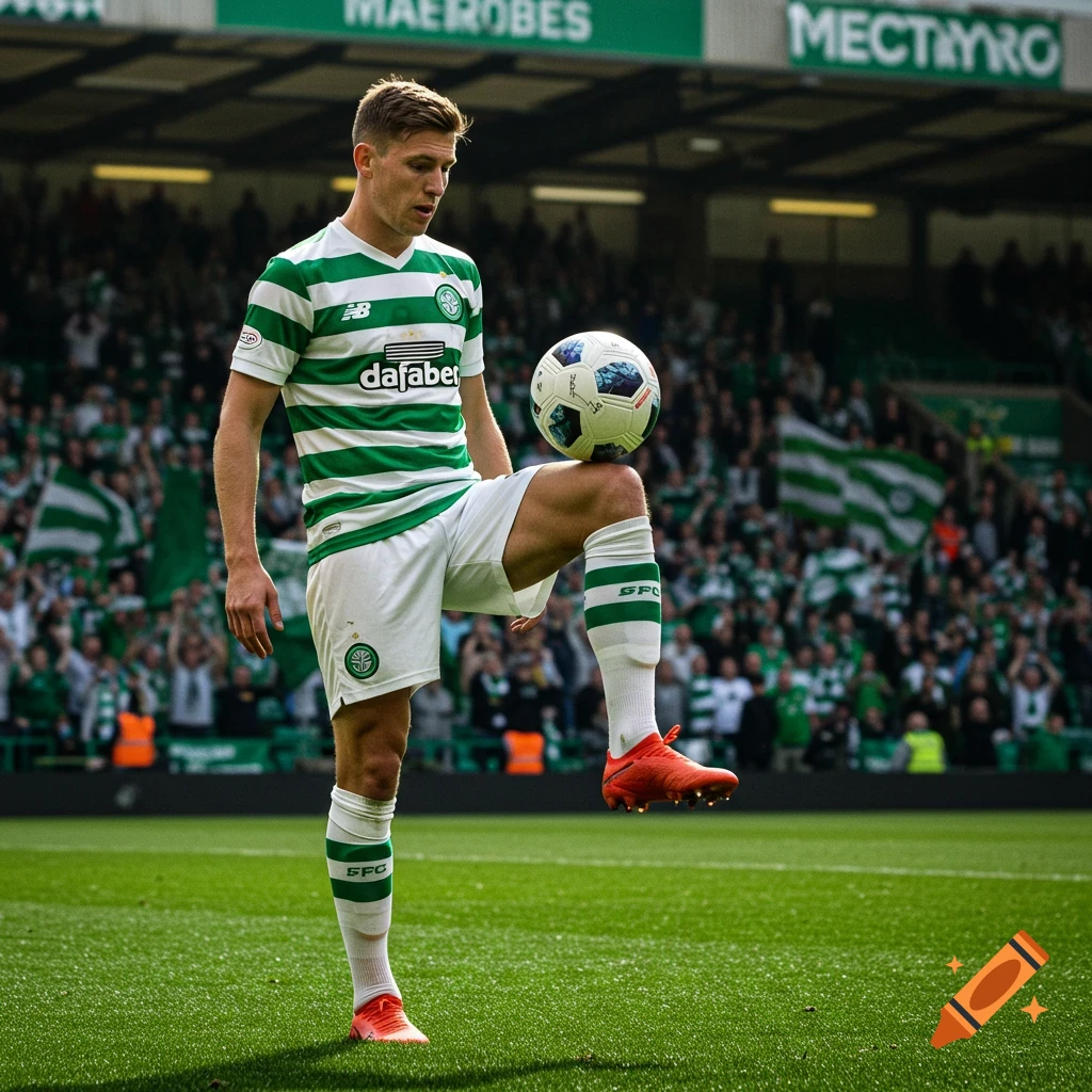 A male Celtic soccer player in a green and white striped jersey balances a soccer ball on his knee on a green field in a stadium.