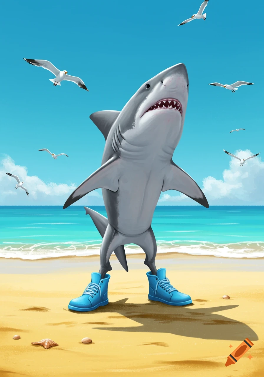 A cartoon great white shark wearing blue shoes stands on a sandy beach with seagulls flying in the blue sky and ocean waves in the background.
