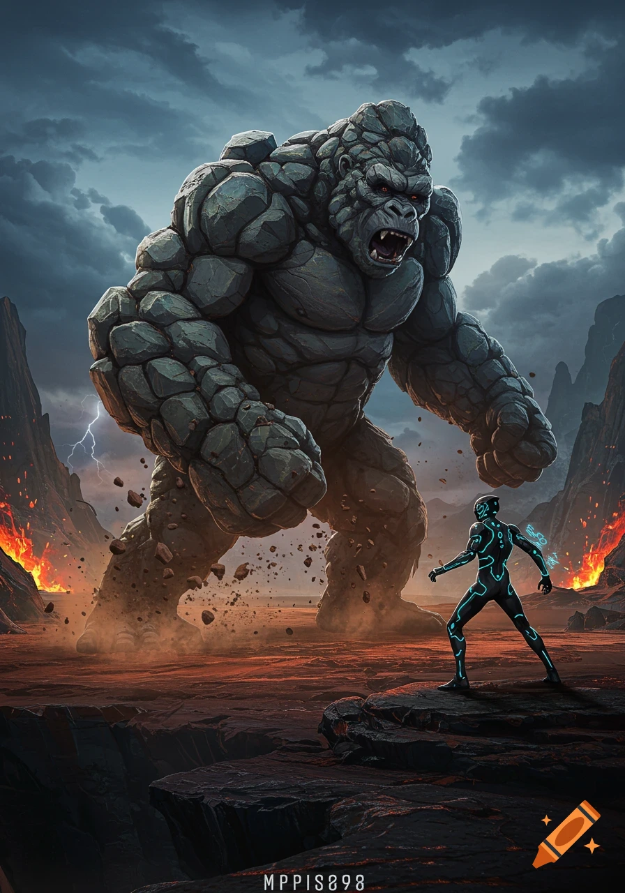 A giant rock gorilla monster confronts a glowing futuristic warrior in a volcanic landscape with lightning.