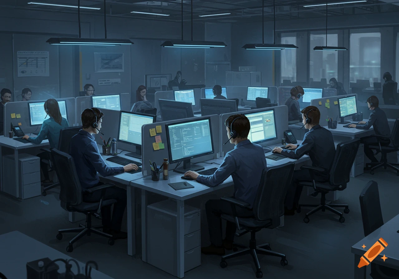 Illustrative digital art of a dimly lit call center office with numerous workers at cubicles, wearing headsets, and typing on computers.