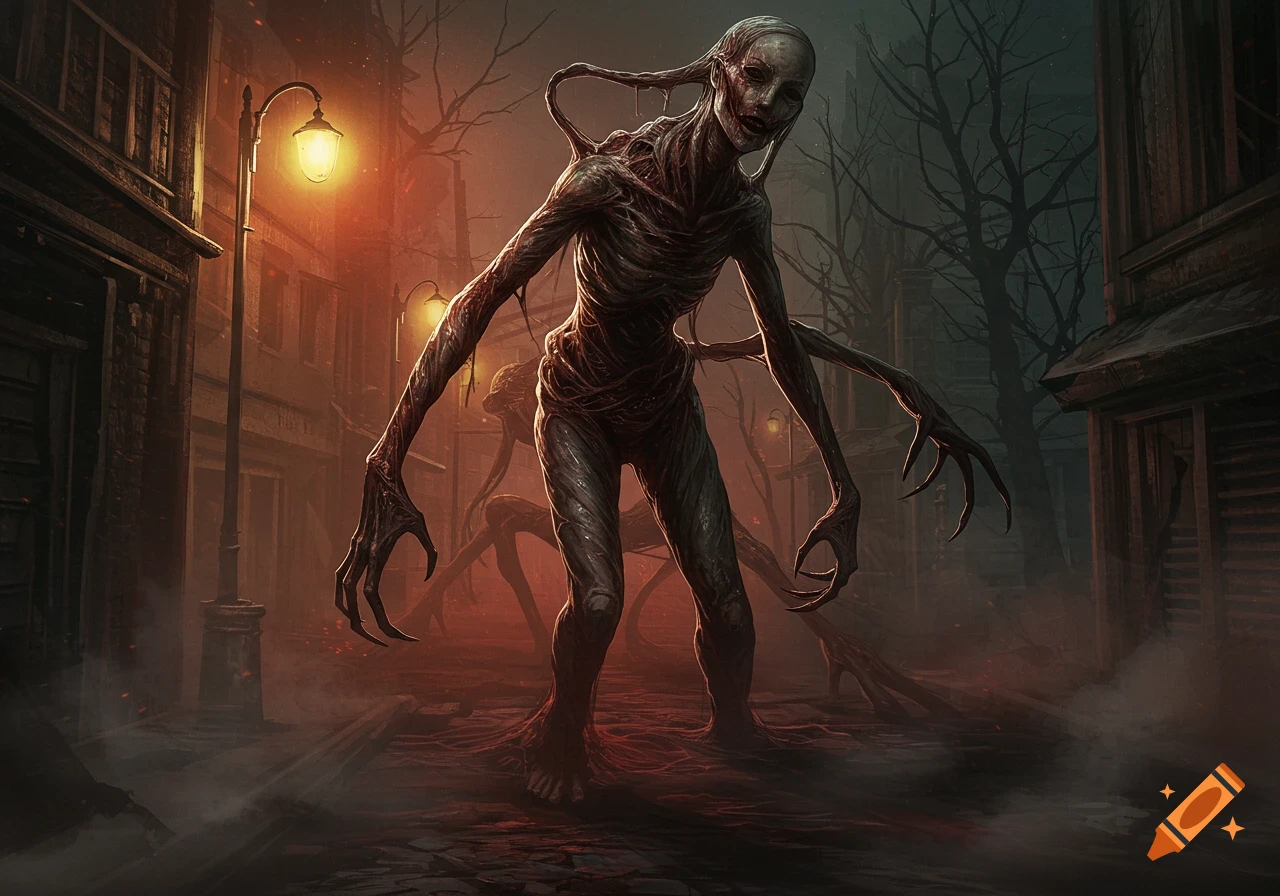 A grotesque, emaciated monster with clawed hands and a distorted face stands in a foggy, dark alley with streetlights and bare trees.