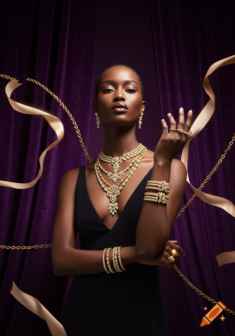 Dark-skinned woman in a black dress modeling diamond and gold jewelry against a purple velvet background with floating gold chains and ribbons.