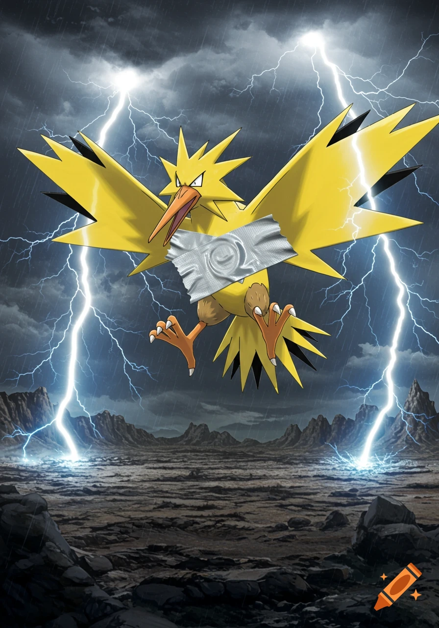 A yellow Zapdos with silver duct tape on its chest flies through a dark, stormy sky with lightning striking the rocky ground below, in an illustrated style.