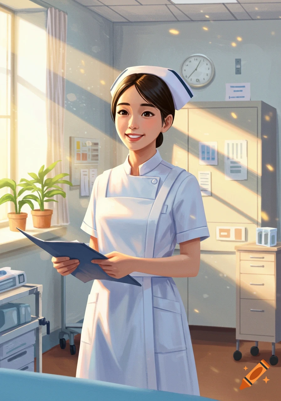 A smiling female nurse in a white uniform holds a clipboard in a brightly lit hospital room in an anime style.