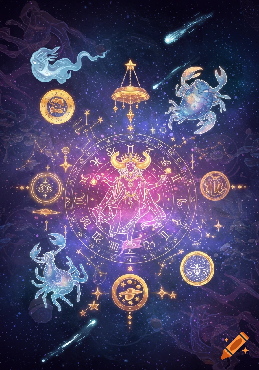 An ornate, magical astrological wheel with zodiac symbols and a central horned figure, set against a star-filled cosmic background with shooting stars and ethereal entities.