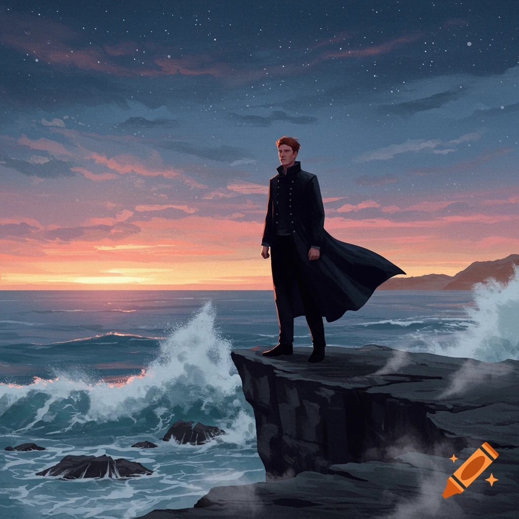 An illustrative painting of a man in a black coat standing on a cliff overlooking a wavy sea at sunset.