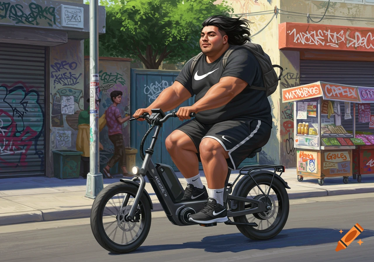 A muscular man with long dark hair, wearing a black Nike t-shirt and shorts, rides a black e-bike down a city street lined with buildings covered in graffiti and a market stall.