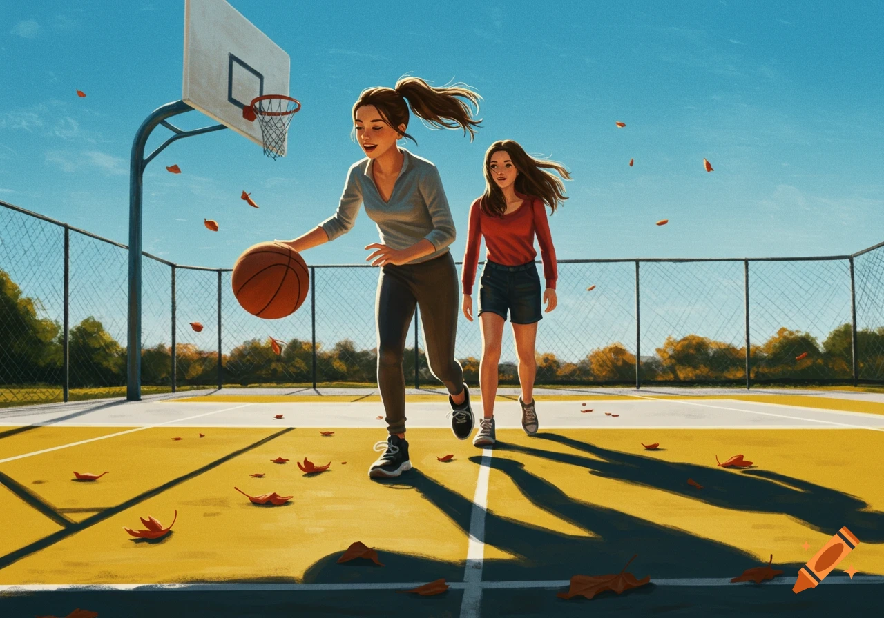 Two smiling girls with ponytails playing basketball on an outdoor court with falling autumn leaves, illustration.