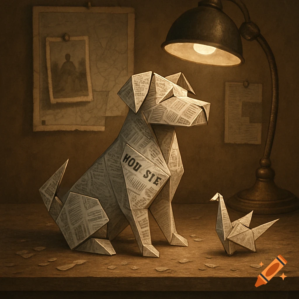 An origami dog made from newspaper sits next to a small origami crane under a desk lamp in a dimly lit room.
