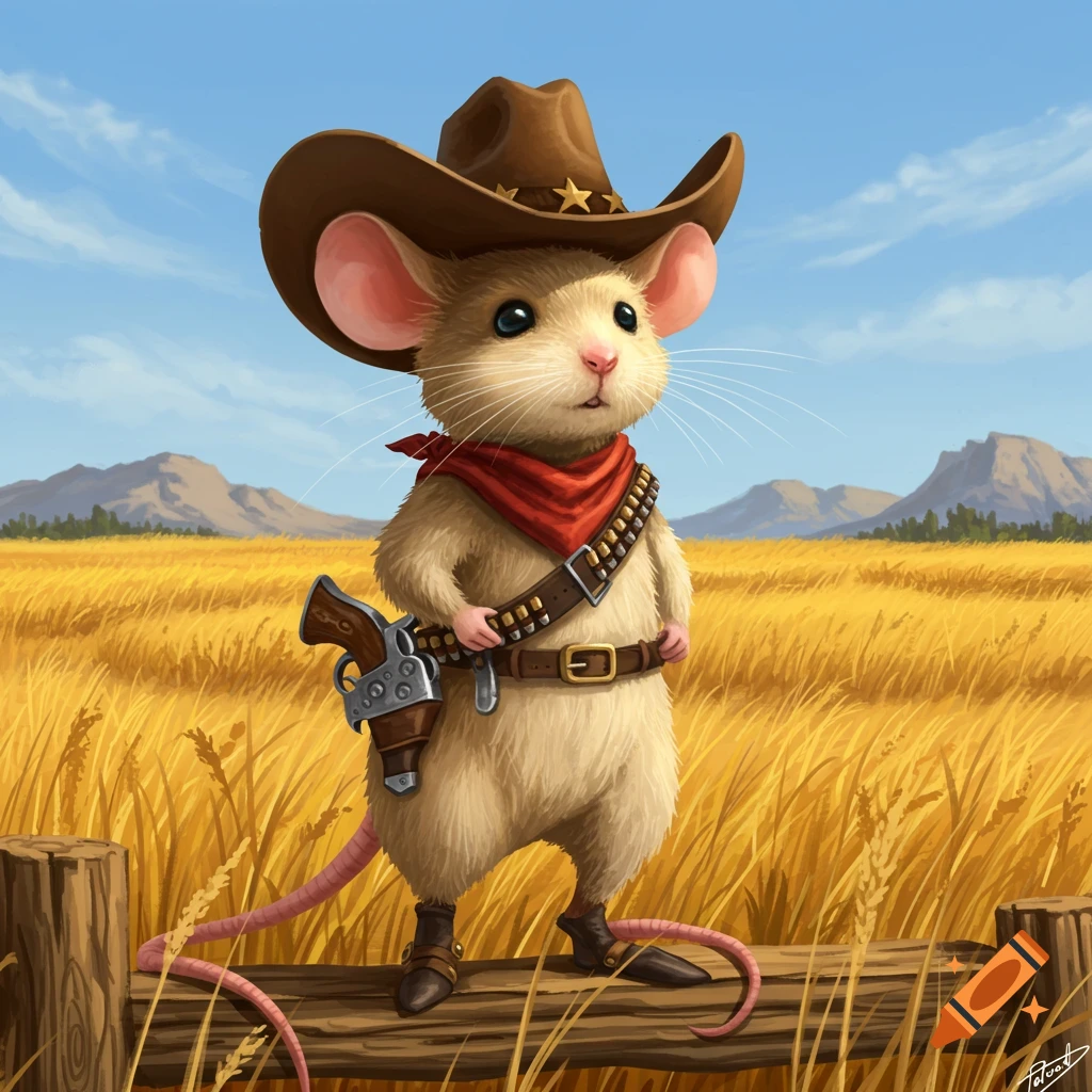 A cartoon mouse in a cowboy hat, red bandana, and pistol holster stands on a wooden fence post in a golden wheat field.