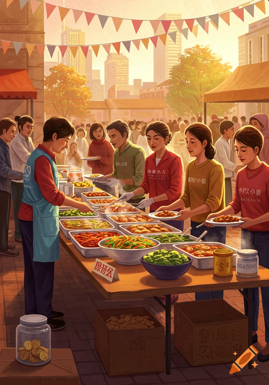 An illustration of a bustling outdoor food drive with volunteers serving various dishes from a long table to a diverse crowd. Donation jars are visible.
