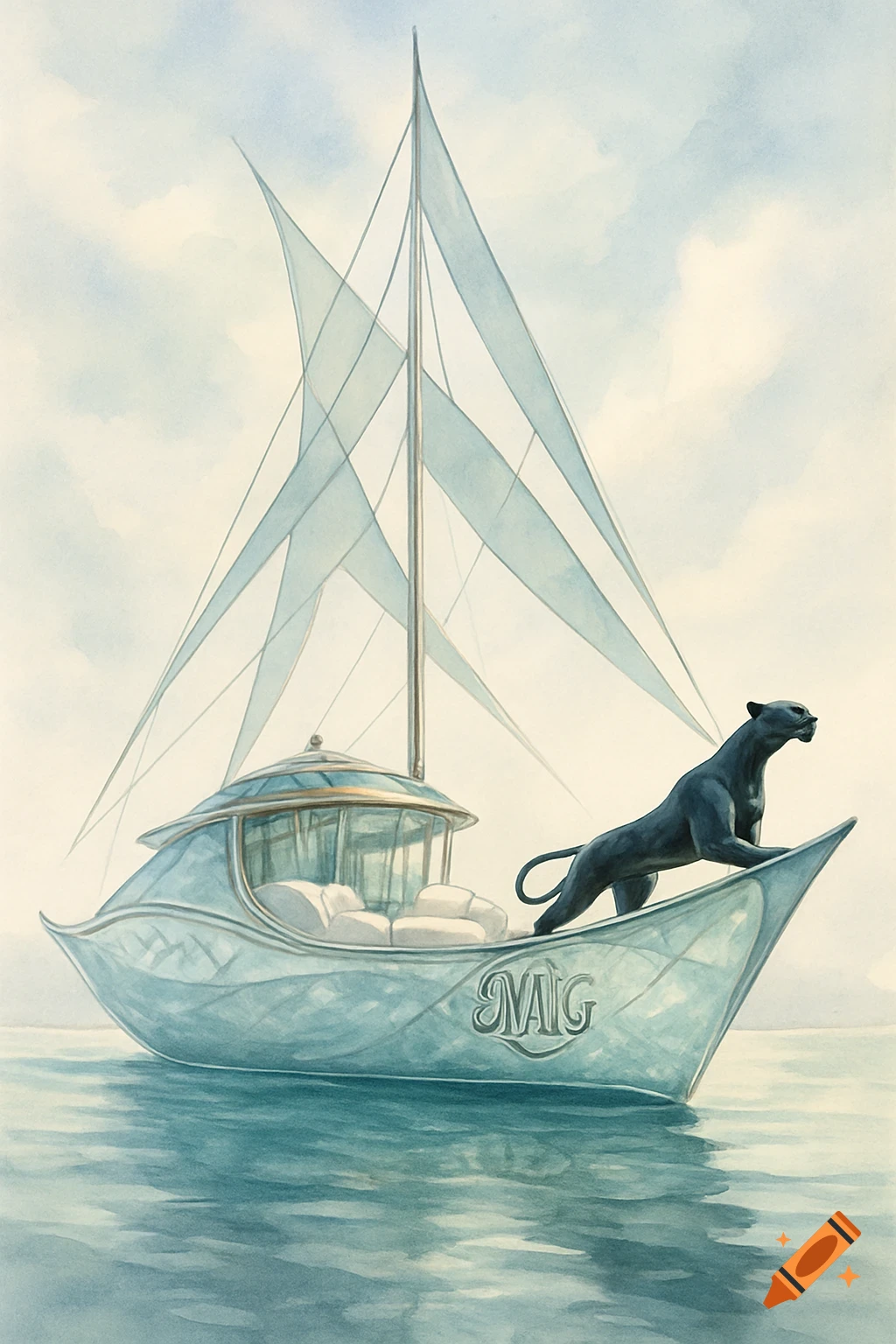A stylized sailboat with a black panther figurehead and translucent sails on a calm, teal sea, in a watercolor style.