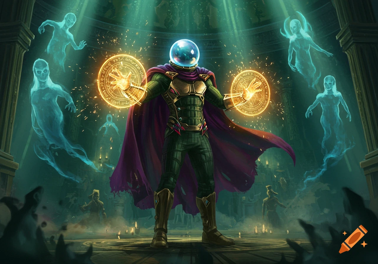 Mysterio, a supervillain with a fishbowl helmet and purple cape, casts golden magic, surrounded by floating spectral figures in a grand hall.