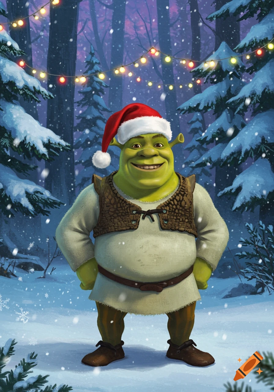 Shrek, wearing a red Santa hat, stands smiling in a snowy winter forest adorned with colorful Christmas string lights.