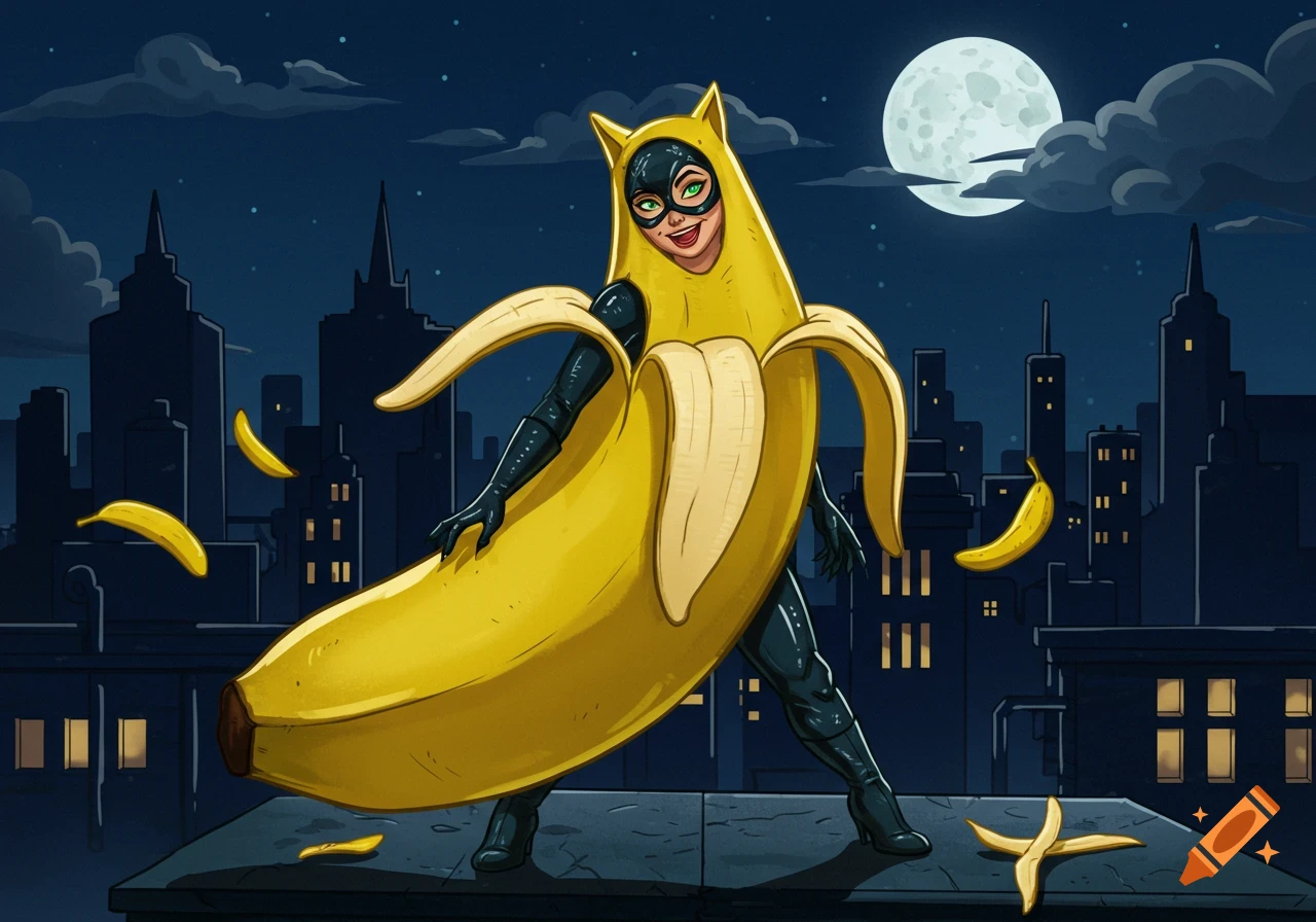 Catwoman in a banana costume stands on a city rooftop at night with a full moon, with banana peels scattered around.