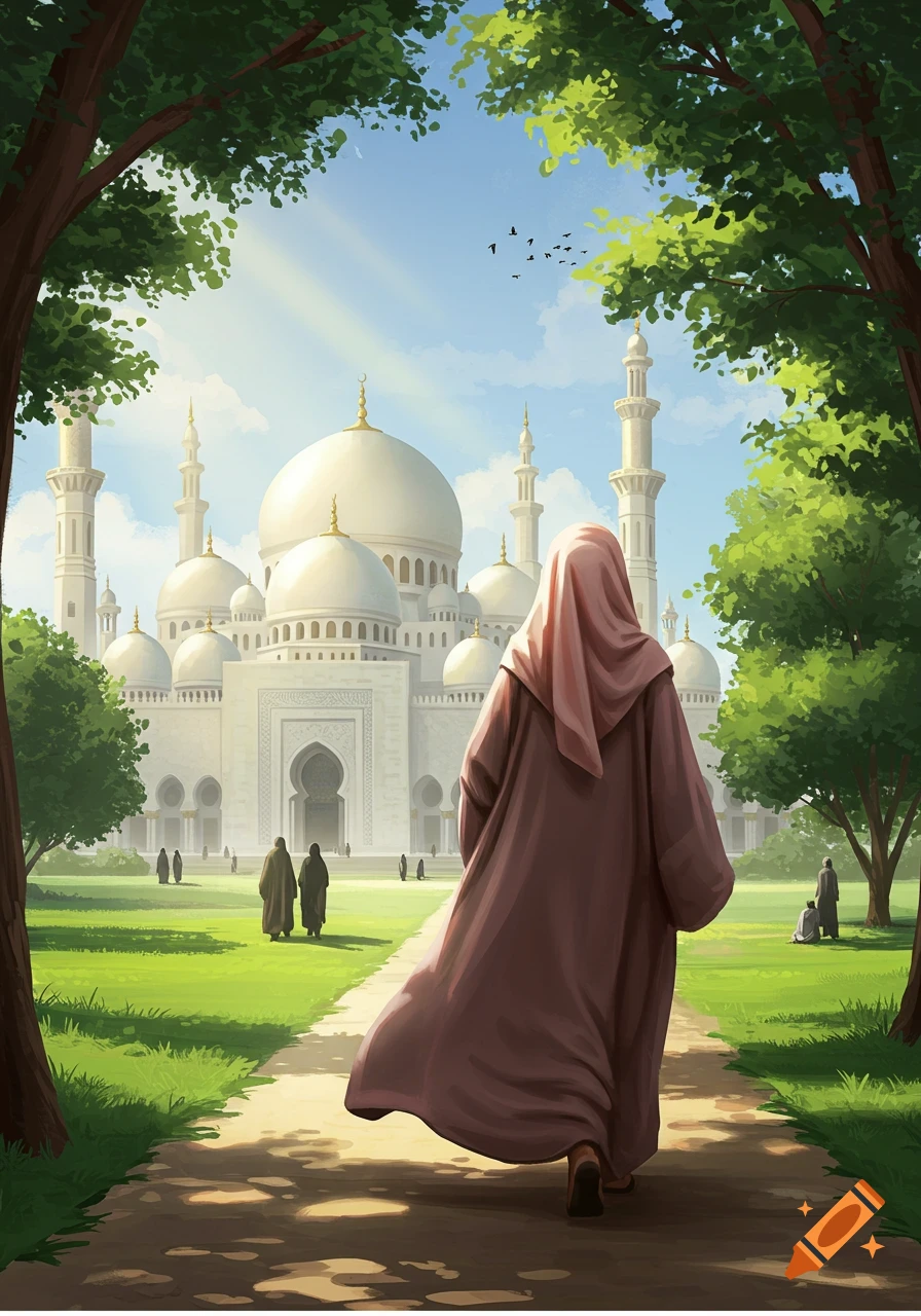 An illustrative painting of a woman in a pink hijab walking toward a grand white mosque, framed by green trees.