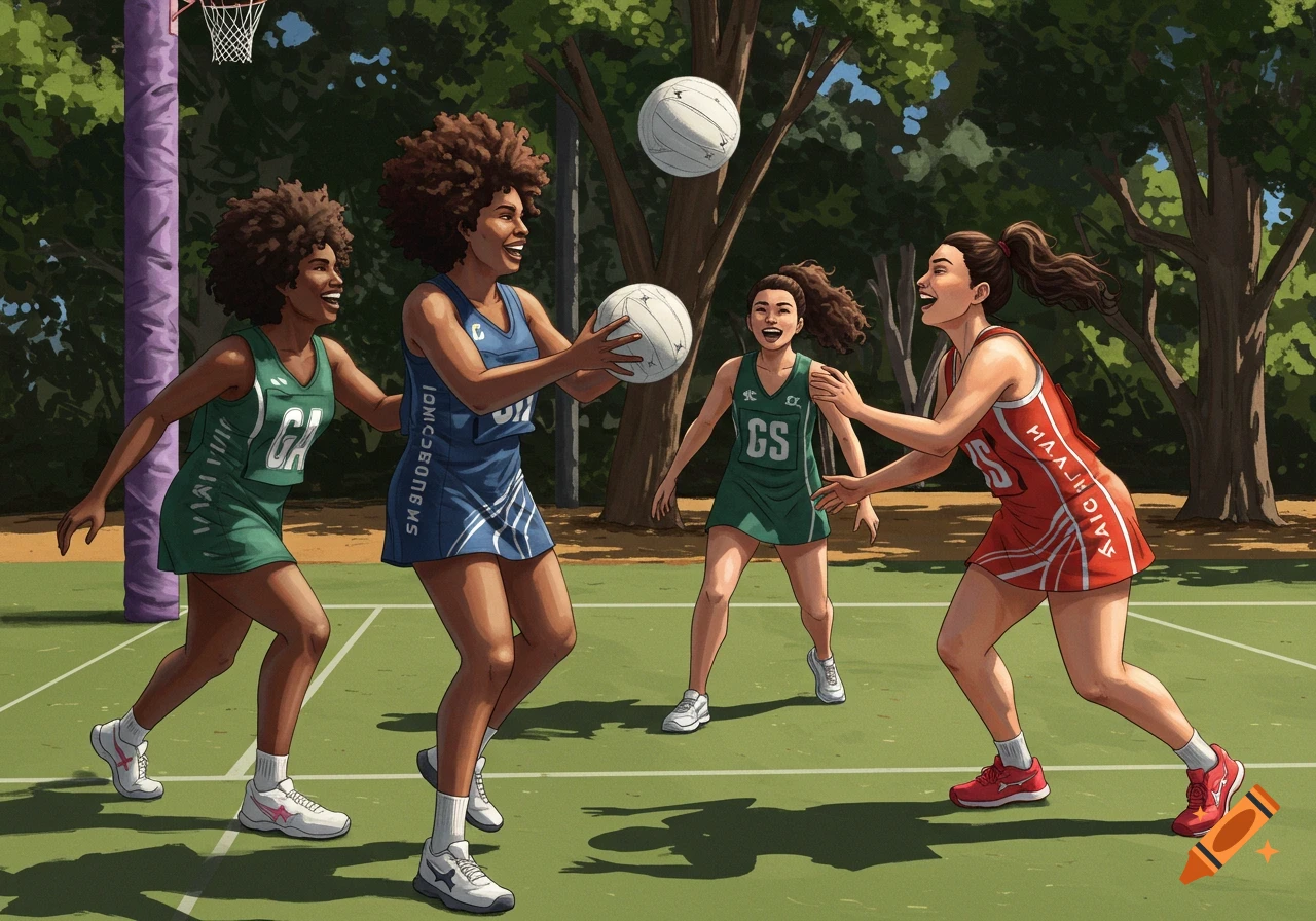 An illustration of four diverse women playing netball on an outdoor court with trees in the background, one catching a ball.