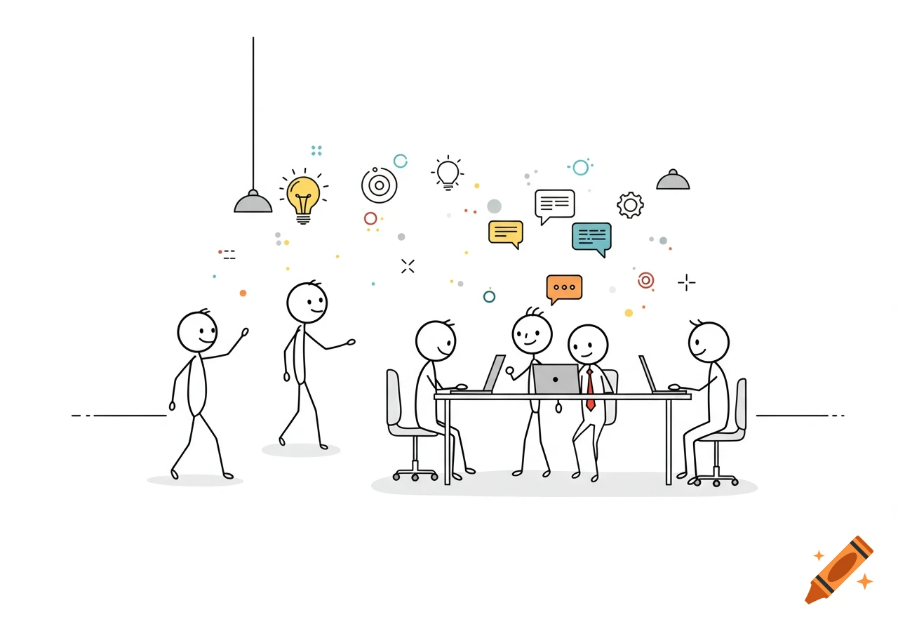 Minimalist line art illustration of stick figures collaborating and brainstorming in an office setting.