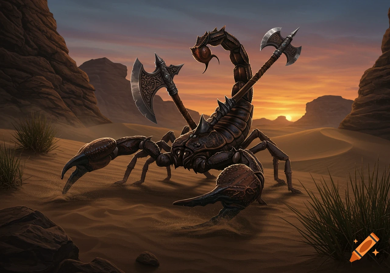 A dark, armored fantasy scorpion stands in a desert with sand dunes and rocks at sunset, holding two battle-axes.