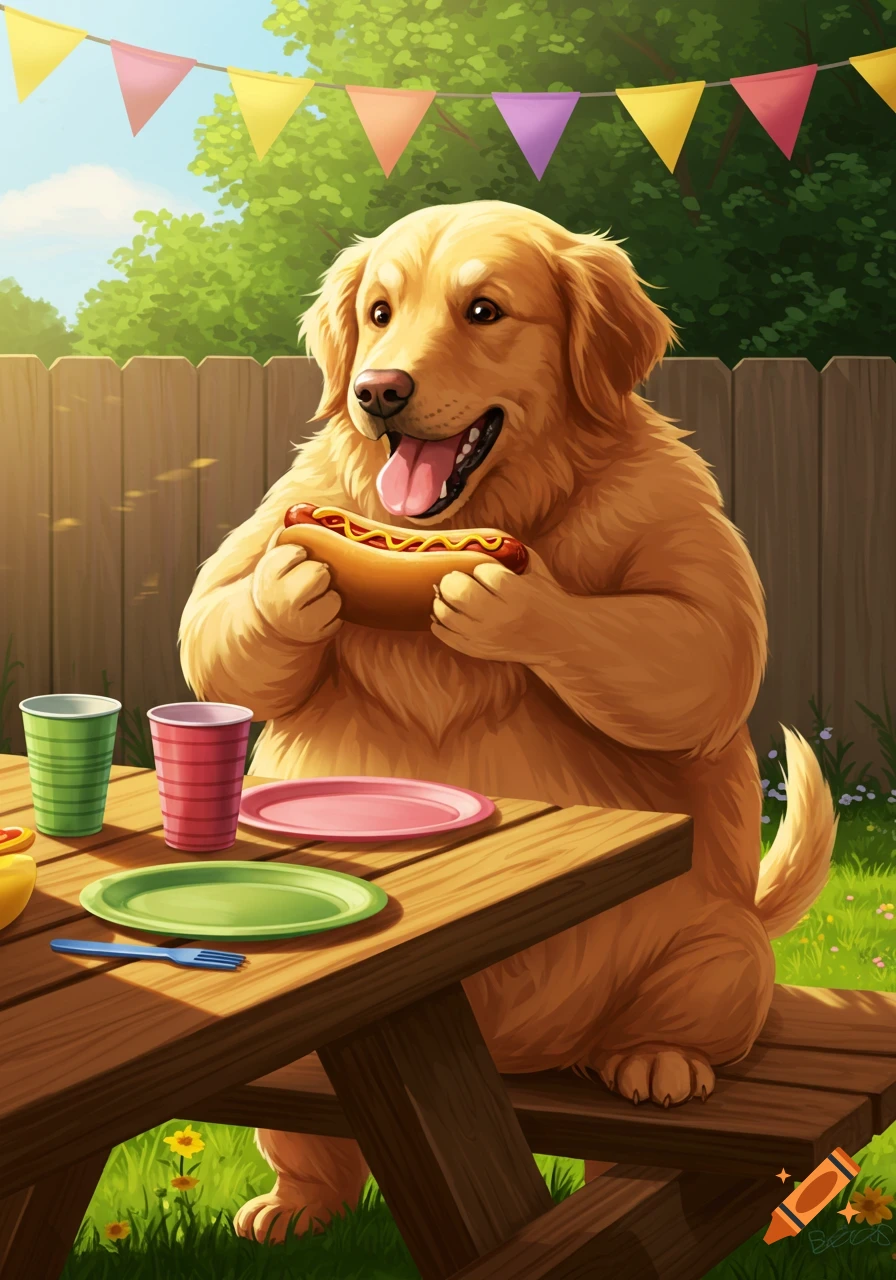 A happy cartoon golden retriever sits at a picnic table outdoors, holding and eating a hotdog with mustard and ketchup.