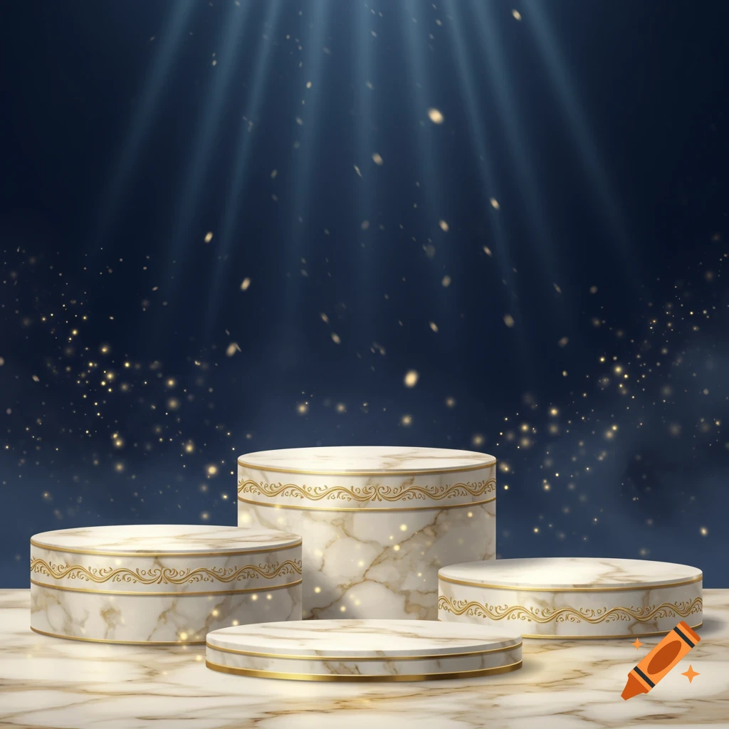Four white marble podiums with gold trim under spotlights against a dark blue background with glittering particles.