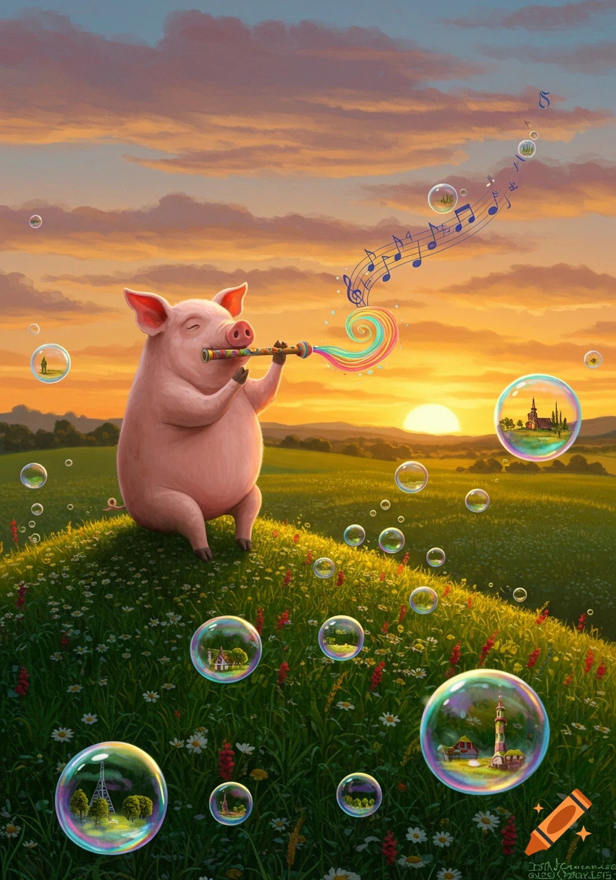 A whimsical pig plays a flute in a wildflower field at sunset, blowing musical notes and iridescent bubbles reflecting landmarks.
