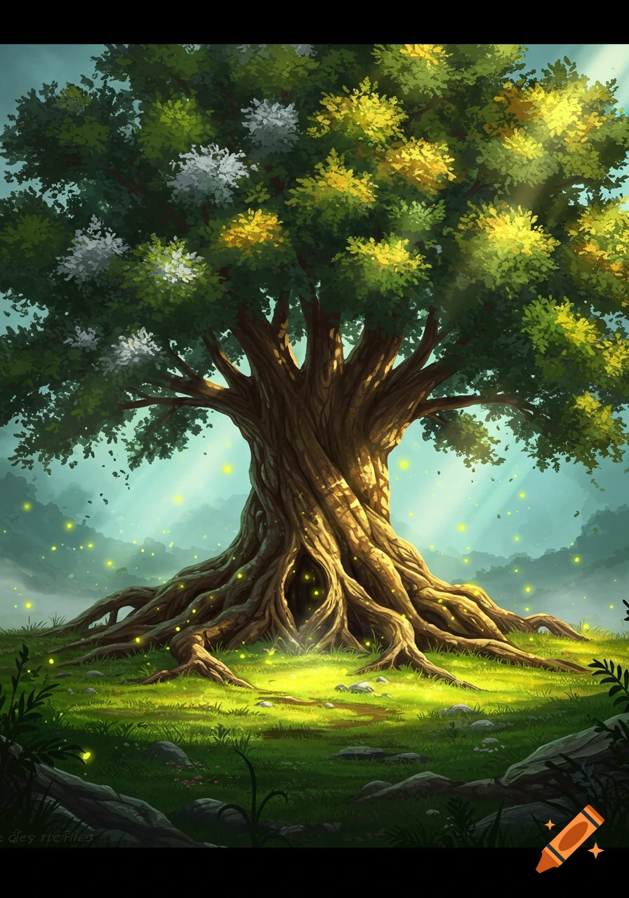 A majestic, ancient tree with a thick trunk and sprawling roots stands in a glowing, enchanted forest clearing with magical lights.