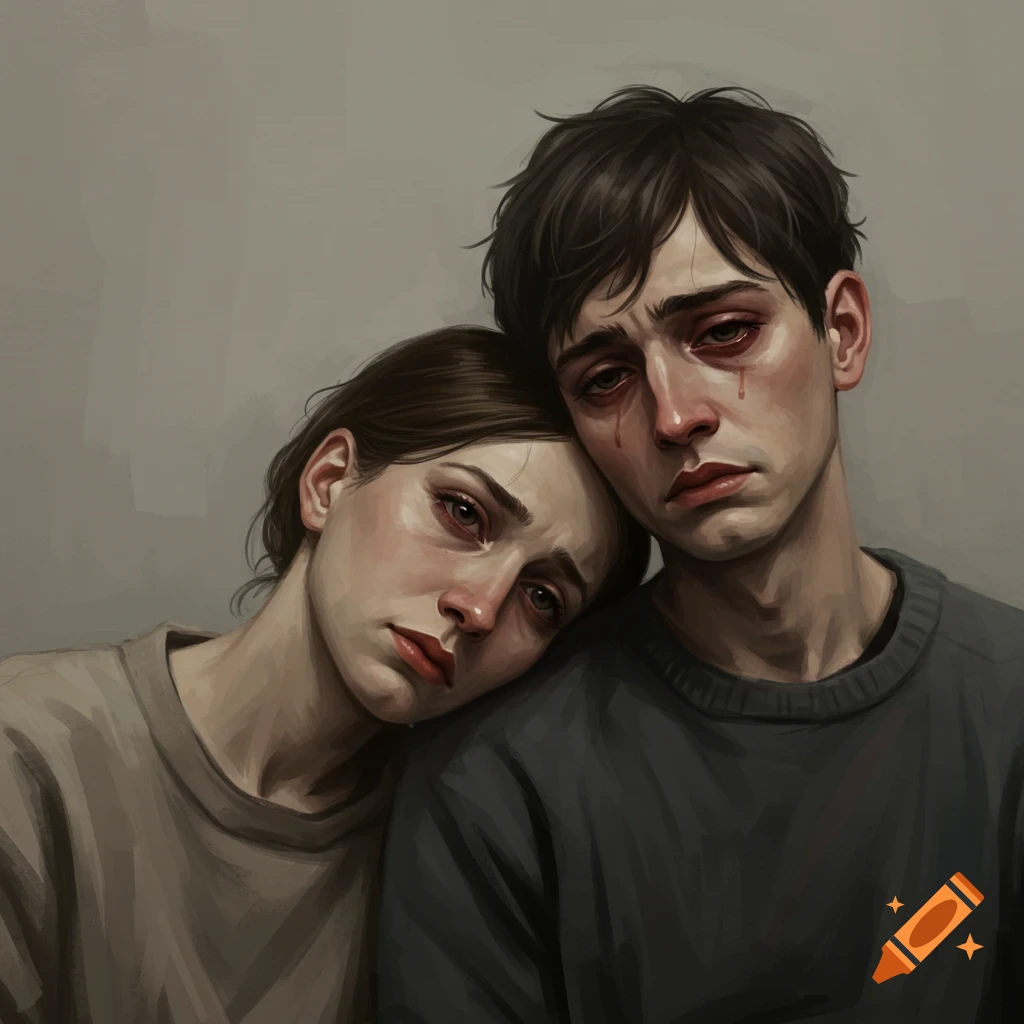 Painterly illustration of a man and a woman with red, tear-filled eyes, resting their heads together against a muted background, conveying deep sadness.