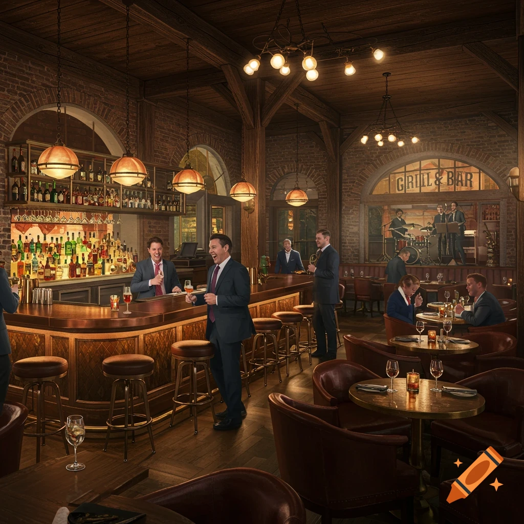 A photorealistic depiction of a lively, warmly lit bar and grill interior with several men in suits socializing and a band playing.
