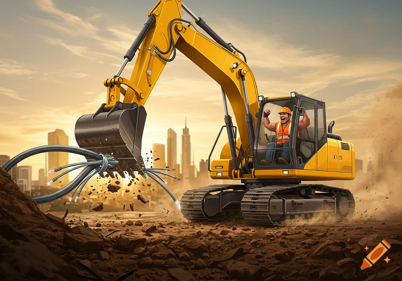 A gleeful cartoon construction worker in an excavator rips fiber optic cables from the ground with a city skyline in the background.