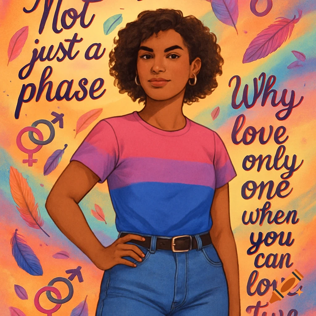 An illustration of a woman in a bisexual flag t-shirt against a vibrant background with feathers and gender symbols. Text reads 'Not just a phase' and 'Why love only one when you can love two'.